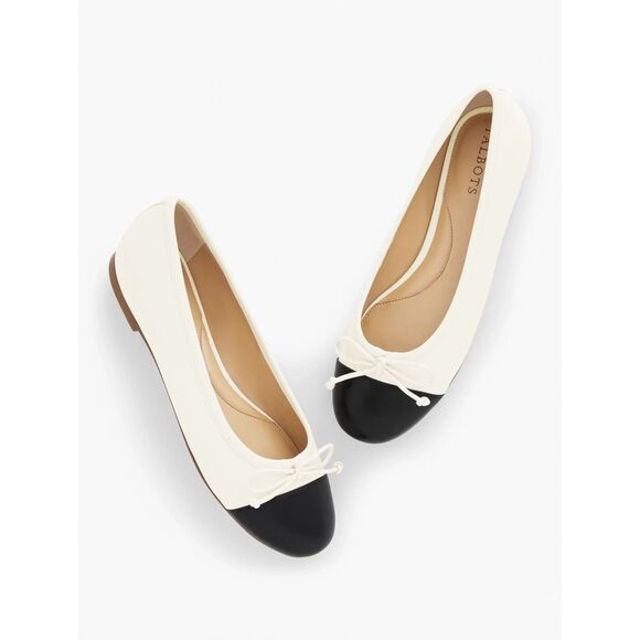Talbots Blair Cap Toe Soft Nappa Ballet Flat - Cream/Black 10M - Picture 1 of 10